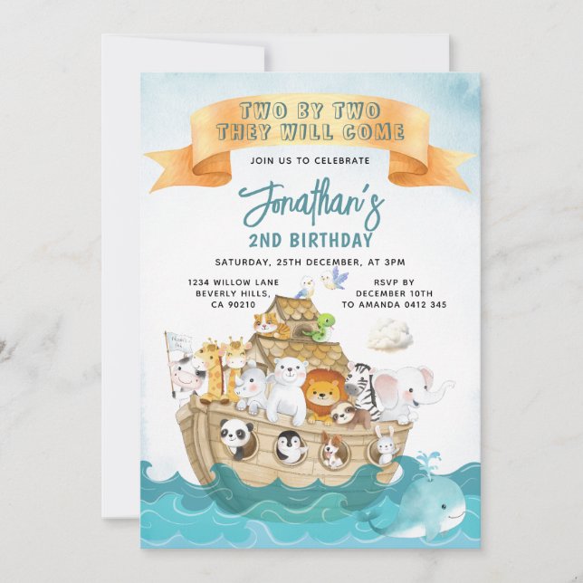 Invitation Cute Noah's Ark 2nd Birthday Two By Two Adventure (Devant)
