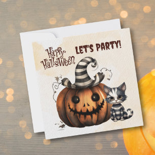 Invitation Cute Noir et Blanc rayé Halloween Kitten