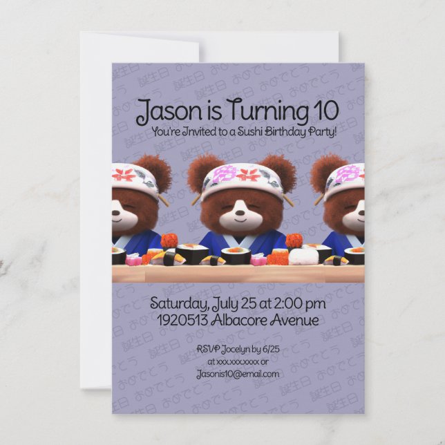 Invitation Cute Nounours Sushi Chefs Anniversaire (Devant)