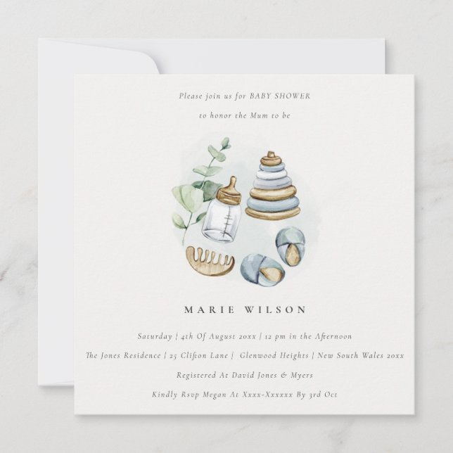 Invitation Cute Nursery Essential Leafy Blue Boy Baby shower (Devant)