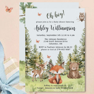 Invitation Cute Oh Boy Woodland Animaux Baby shower verdoyant