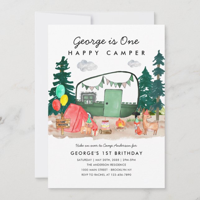 Invitation Cute ONE Happy Camper Forest Camping 1er anniversa (Devant)