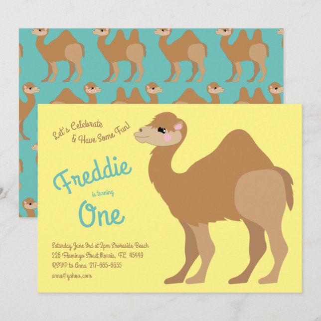 Invitation Cute One Hump Camel Enfants 1ère fête d'anniversai (Devant / Derrière)