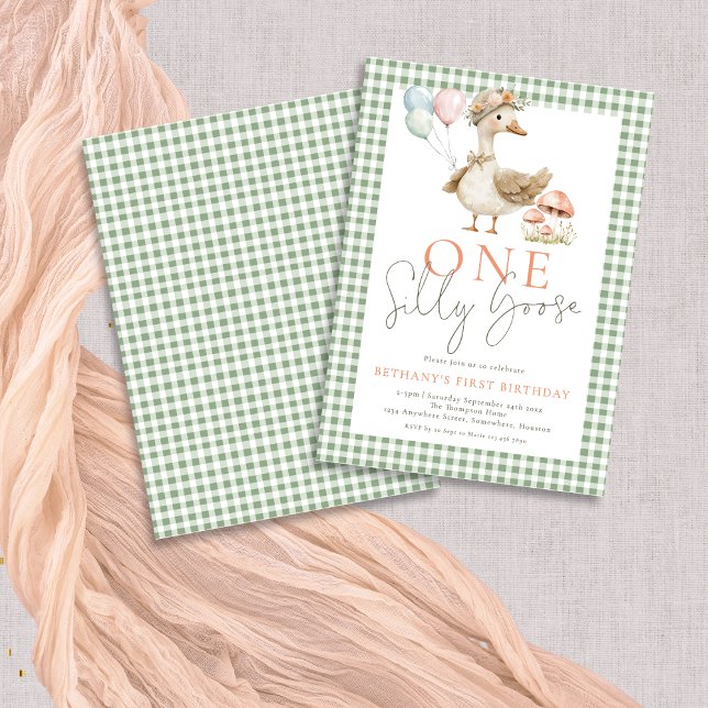 Invitation Cute One Silly Goose Sage En vichy 1er anniversair (Front and back view)