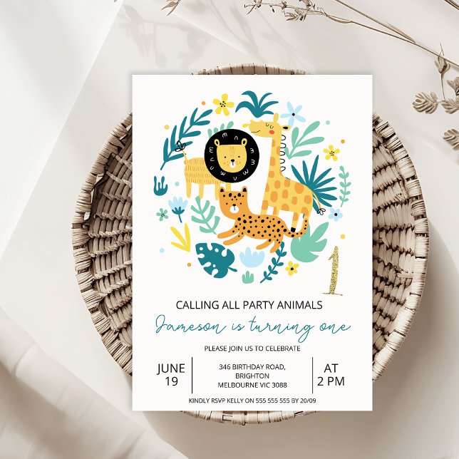 Invitation Cute Orange Appelant Tous Les Animaux De Fête 1er  (Calling All Party Animals Safari 1st Birthday Invitation Baby Boy,
Safari Wild One Birthday Invite)