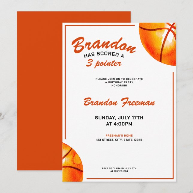 Invitation Cute Orange et Basket Blanc 3e anniversaire (Devant / Derrière)