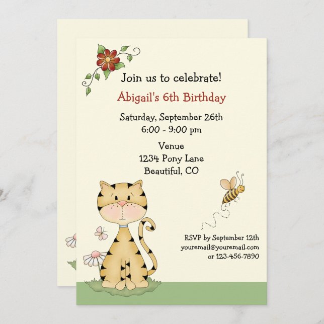 Invitation Cute Orange Kitty Chat et Fleurs Anniversaire (Devant / Derrière)