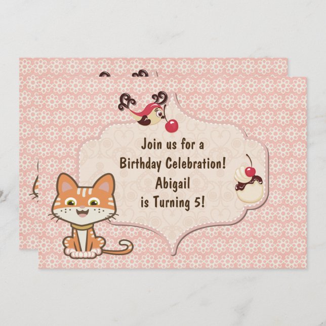 Invitation Cute Orange Tiger Kitty Chat et Fleurs Anniversair (Devant / Derrière)