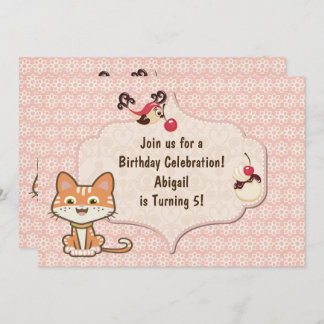 Invitation Cute Orange Tiger Kitty Chat et Fleurs Anniversair