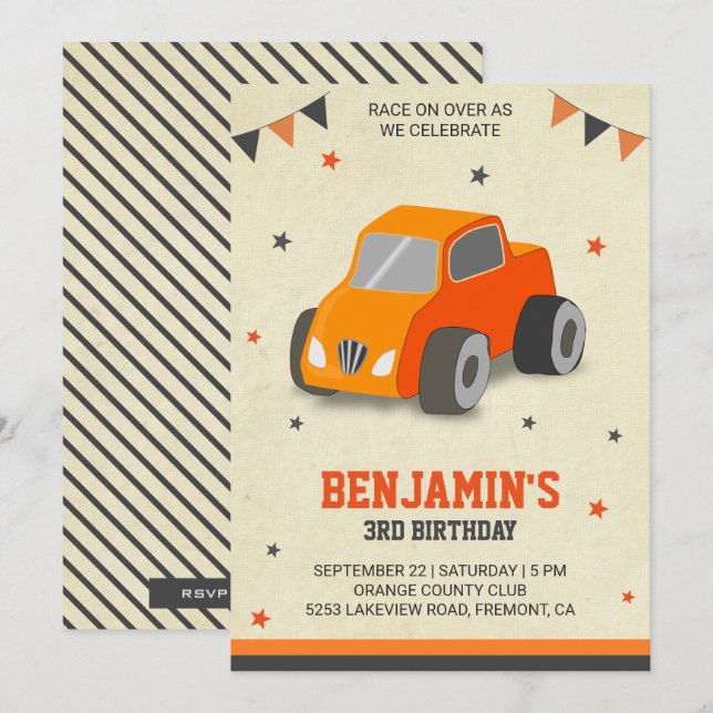 Invitation Cute Orange Toy Voiture Anniversaire de enfant Fêt (Devant / Derrière)