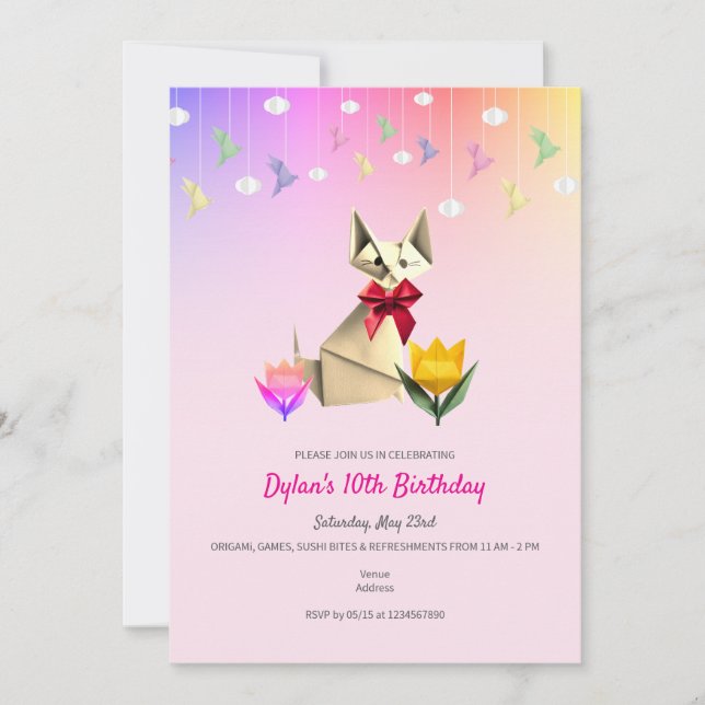 Invitation Cute Origami Chat & Grues N'Importe Quel Âge Fête  (Devant)