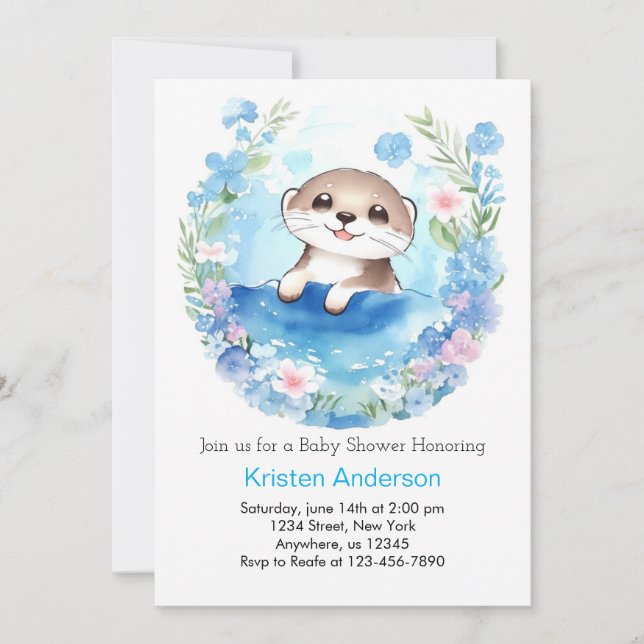 Invitation Cute Otter Watercolor Baby shower garçon (Devant)