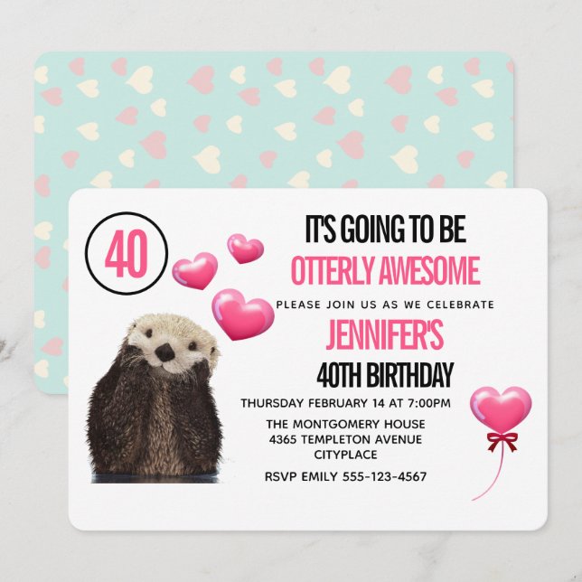 Invitation Cute Otter Wildlife with Pink Heart Anniversaire (Devant / Derrière)
