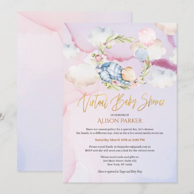 Invitation Cute Ours Boisé Floral Ciel Rose Vide Douche (Devant / Derrière)