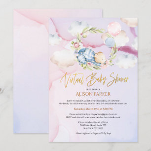 Invitation Cute Ours Boisé Floral Ciel Rose Vide Douche