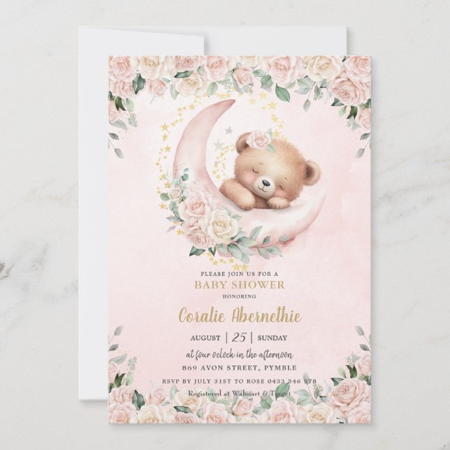 Invitation Cute Ours En Teddy Blush Rose Floral Baby shower F (Devant)