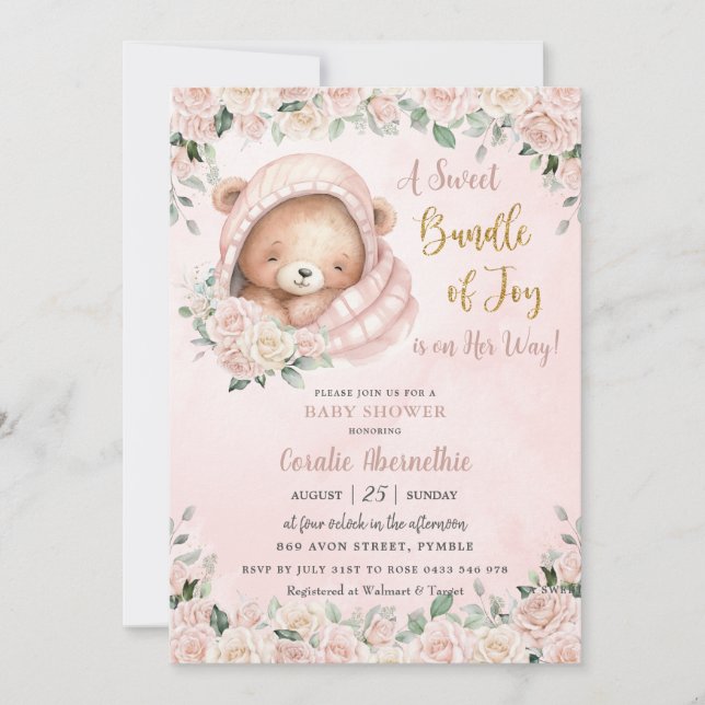 Invitation Cute Ours En Teddy Blush Rose Floral Baby shower F (Devant)