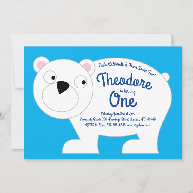 Invitation Cute Ours Polaire Enfants 1er Anniversaire Fête In (Devant)