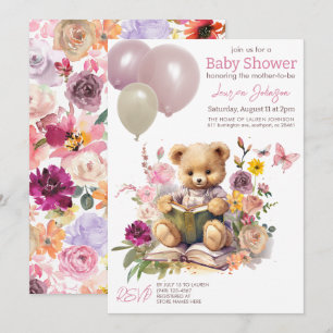 Invitation Cute Ours Teddy Floral Balloons Rose Baby shower