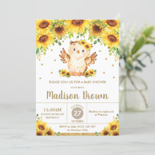 Invitation Cute Owl Sunflower Floral Baby shower Girl 