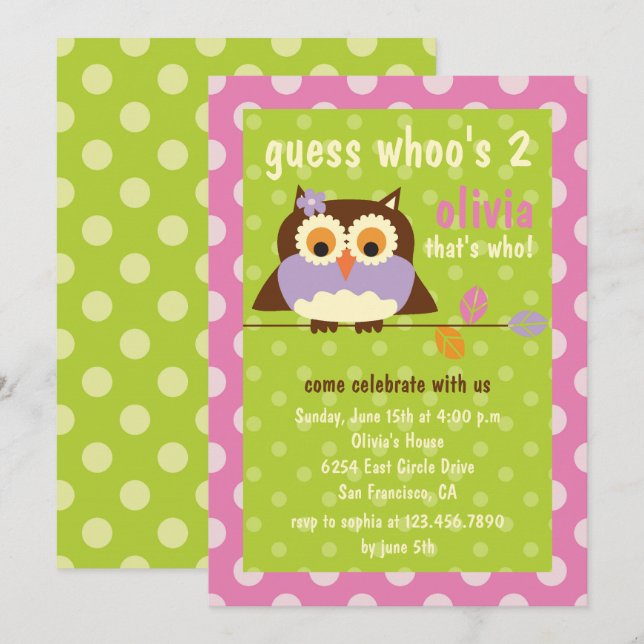 Invitation Cute Owl sur une branche Pois fête d'anniversaire (Devant / Derrière)