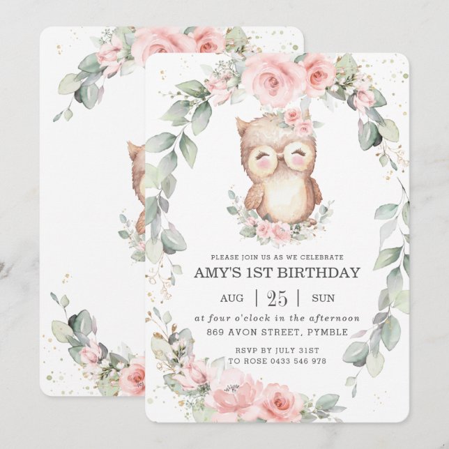 Invitation Cute Owl Whimsical Rose Floral Vert Anniversaire (Devant / Derrière)