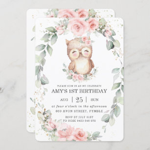 Invitation Cute Owl Whimsical Rose Floral Vert Anniversaire 