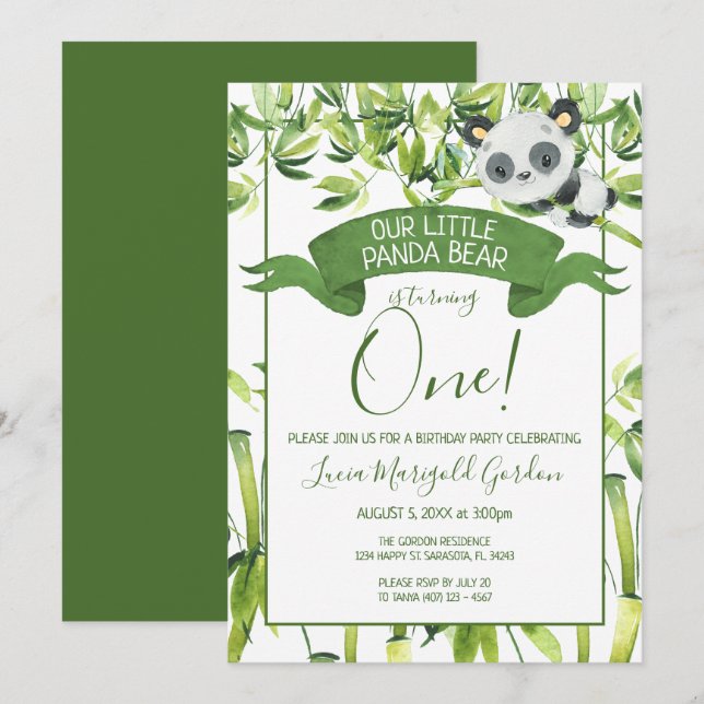 Invitation Cute Panda Bear Vert Bambou Premier anniversaire f (Devant / Derrière)