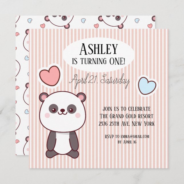 Invitation Cute Panda Kawaii 1er anniversaire (Devant / Derrière)