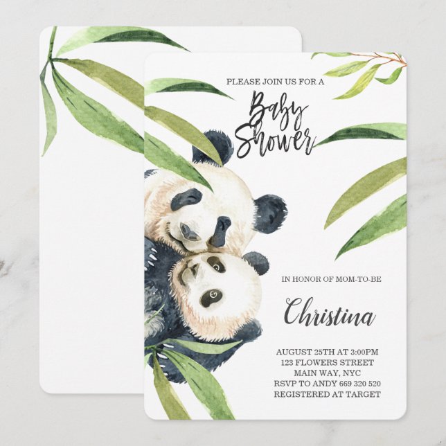 Invitation Cute Panda Maman & Baby Baby shower Eucalyptus (Devant / Derrière)