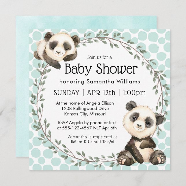 Invitation Cute Panda Oears Baby shower Carré (Devant / Derrière)