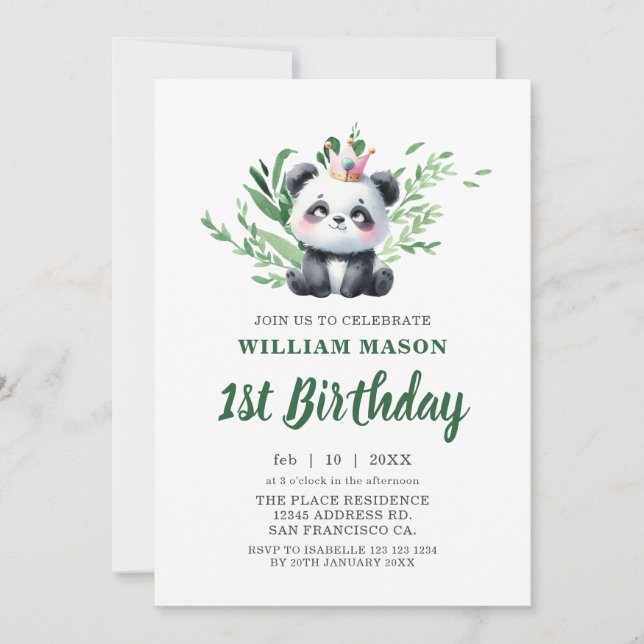 Invitation Cute Panda Ours Aquarelle Verdure 1er anniversaire (Devant)