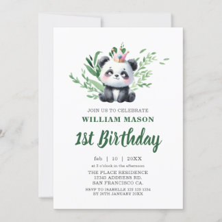 Invitation Cute Panda Ours Aquarelle Verdure 1er anniversaire