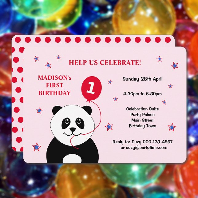 Invitation Cute panda premier anniversaire rose (Showing rounded corners option)