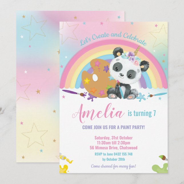 Invitation Cute Panda Rainbow Art Paint Fête d'anniversaire f (Devant / Derrière)