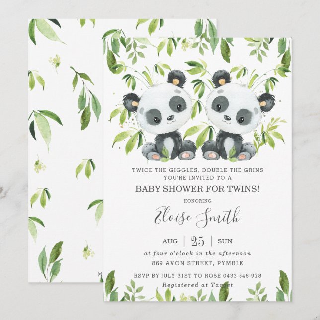 Invitation Cute Panda rose Floral Twin Boys Baby shower jumea (Devant / Derrière)
