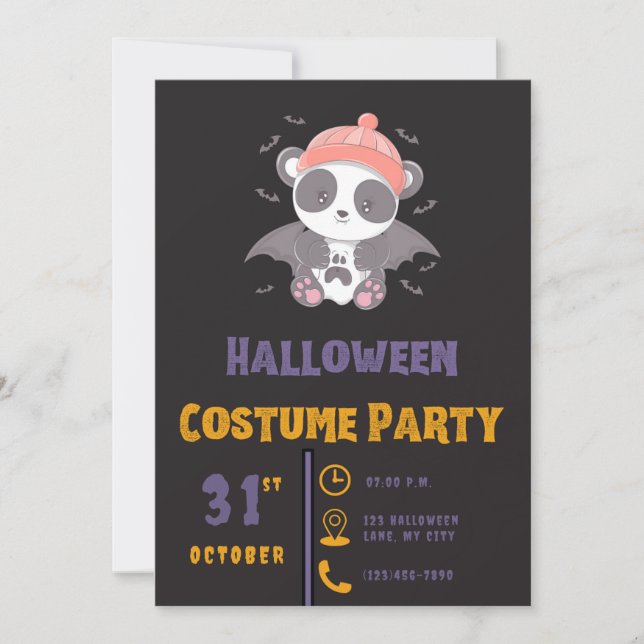 Invitation Cute Panda Vampire Ghost Bats Black Halloween (Devant)