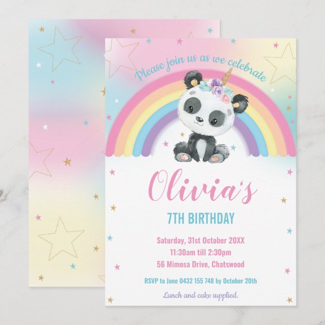 Invitation Cute Pandacorn Panda Rainbow fête d'anniversaire (Devant / Derrière)