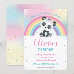 Invitation Cute Pandacorn Panda Rainbow fête d'anniversaire