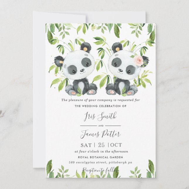 Invitation Cute Pandas Vert Bambou Mariage vert (Devant)