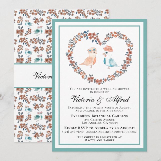 Invitation Cute Pastel Aquarelle Inséparables Couples Douche (Devant / Derrière)