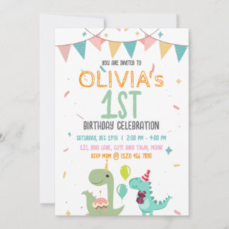 Invitation Cute Pastel Baby Dinosaur 1st Birthday Party