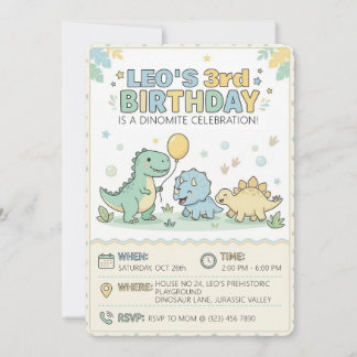 Invitation Cute Pastel Baby Dinosaur 3rd Birthday Party