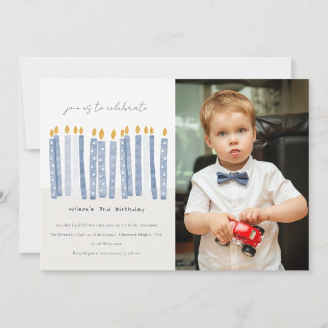 Invitation Cute Pastel Bleu Jaune Photo Anniversaire Bougies (Devant)