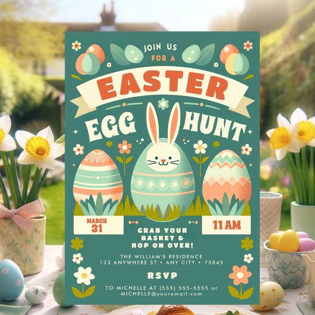 Invitation Cute Pastel Bunny Fleurs de printemps Pâques Chass (Retro Easter Egg Hunt Invitation)
