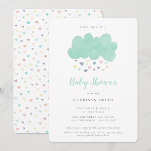 Invitation Cute Pastel Coeurs Pluie Baby shower nuageux