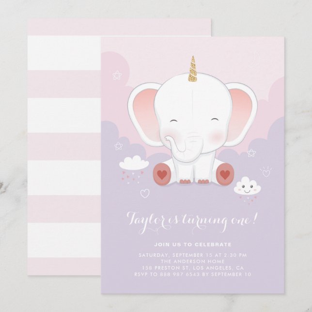 Invitation Cute Pastel Elephant Unicorn Première fête d'anniv (Devant / Derrière)