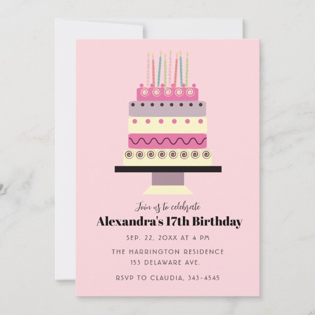 Invitation Cute Pastel Gâteau d'Anniversaire Retro Girl Rose (Devant)