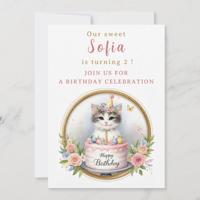 Invitation Cute Pastel Kitten Gâteau d'anniversaire - - Anniv (Devant)