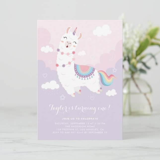 Invitation Cute Pastel Llama Unicorn Premier anniversaire fêt (Debout devant)
